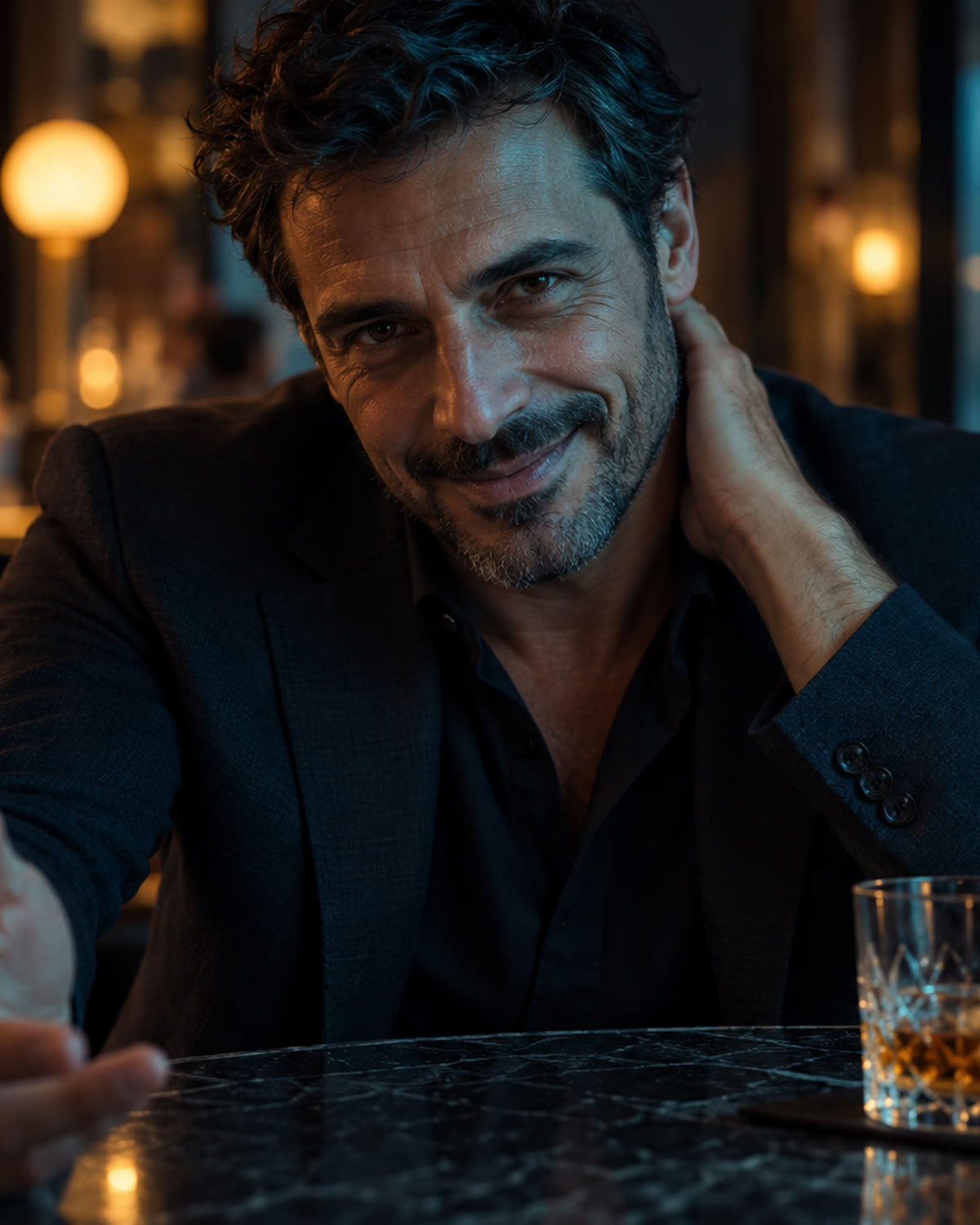Un uomo al bancone sorride e dice fidati di me, con una mano sul collo